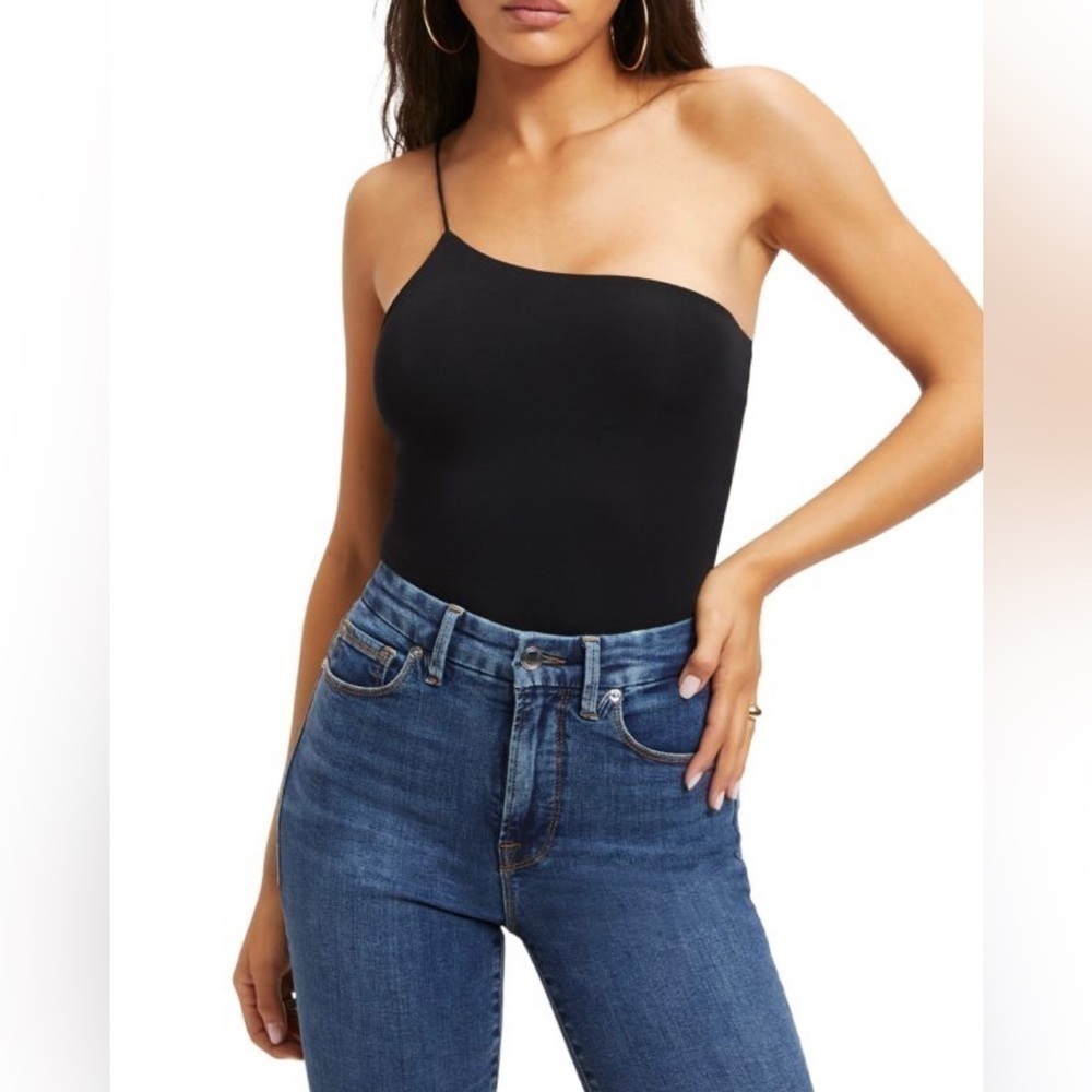 Good American Good Touch One Shoulder Black Thong  Bodysuit size 1 = size S